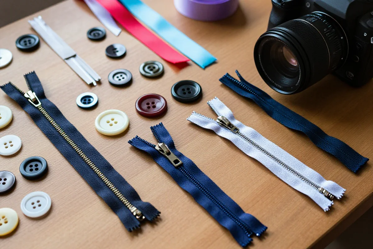 Różne akcesoria szwalnicze, takie jak zamki, guziki i tasiemki.
