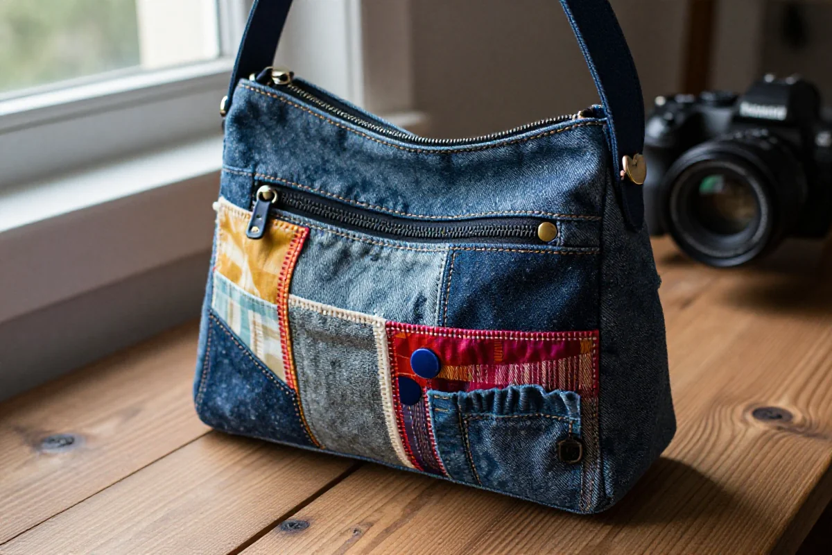 Torba z upcyclingowanych ubrań z denimu, ozdobiona guzikami i haftami.