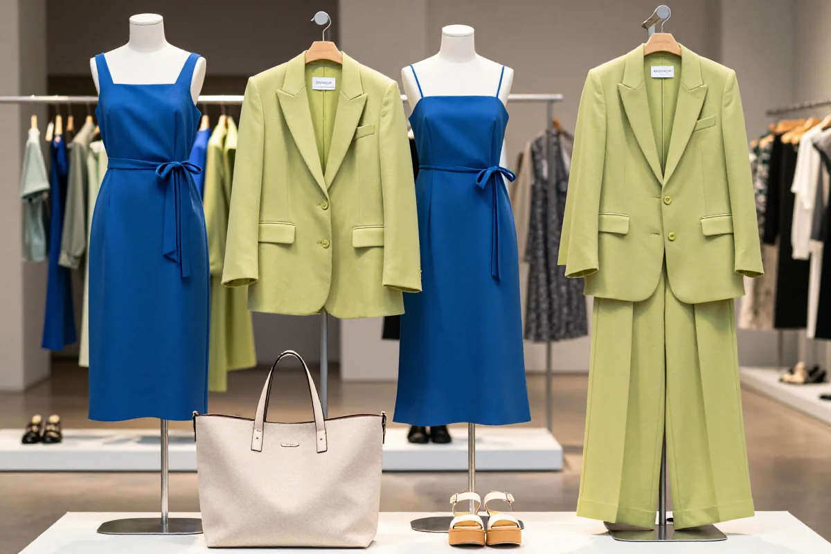 Stylowe ubrania na sezon wiosna-lato 2026, w tym sukienka midi i oversize'owa marynarka.