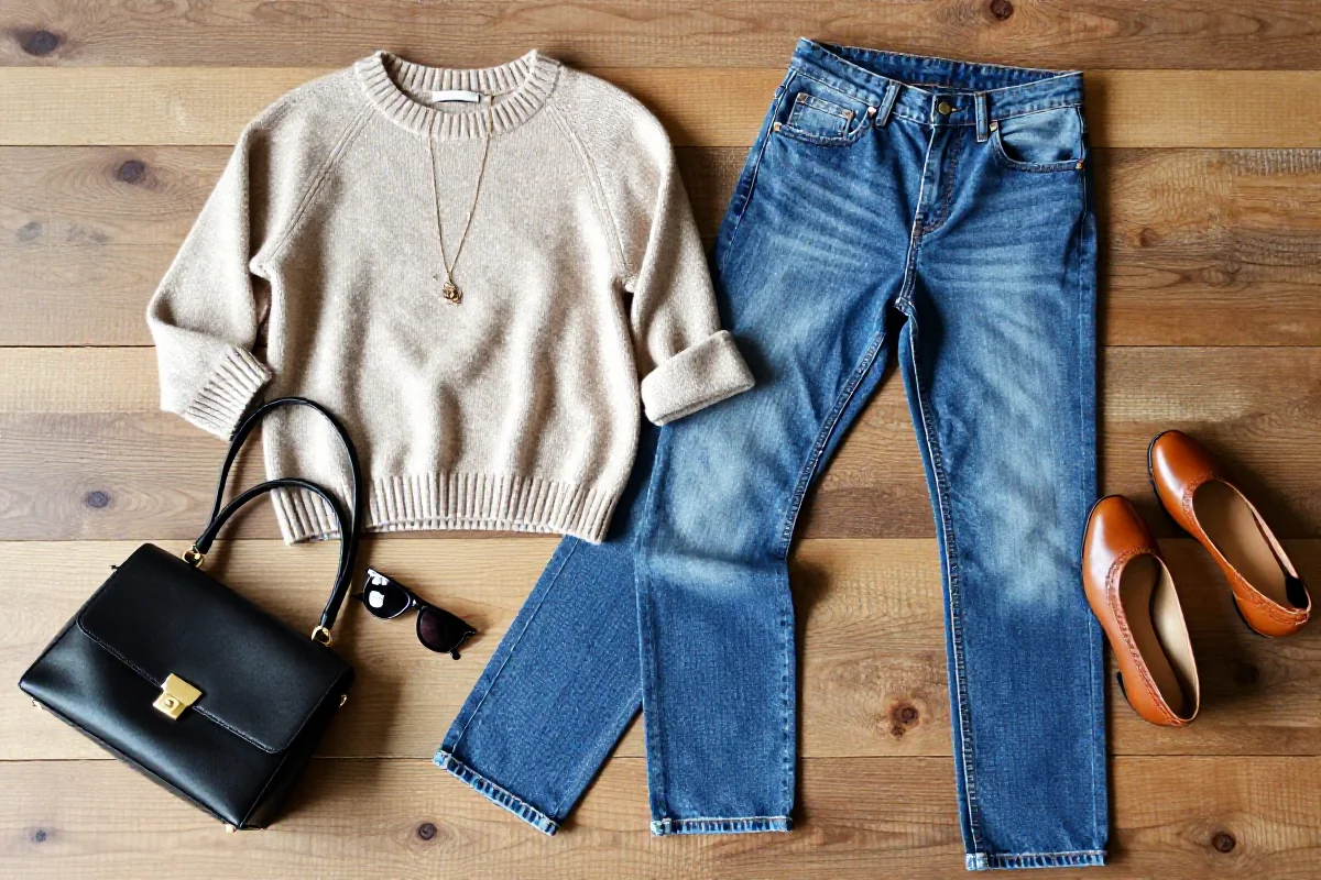 Stylowe ubrania i akcesoria na tle drewnianej powierzchni, aplikacje cashback