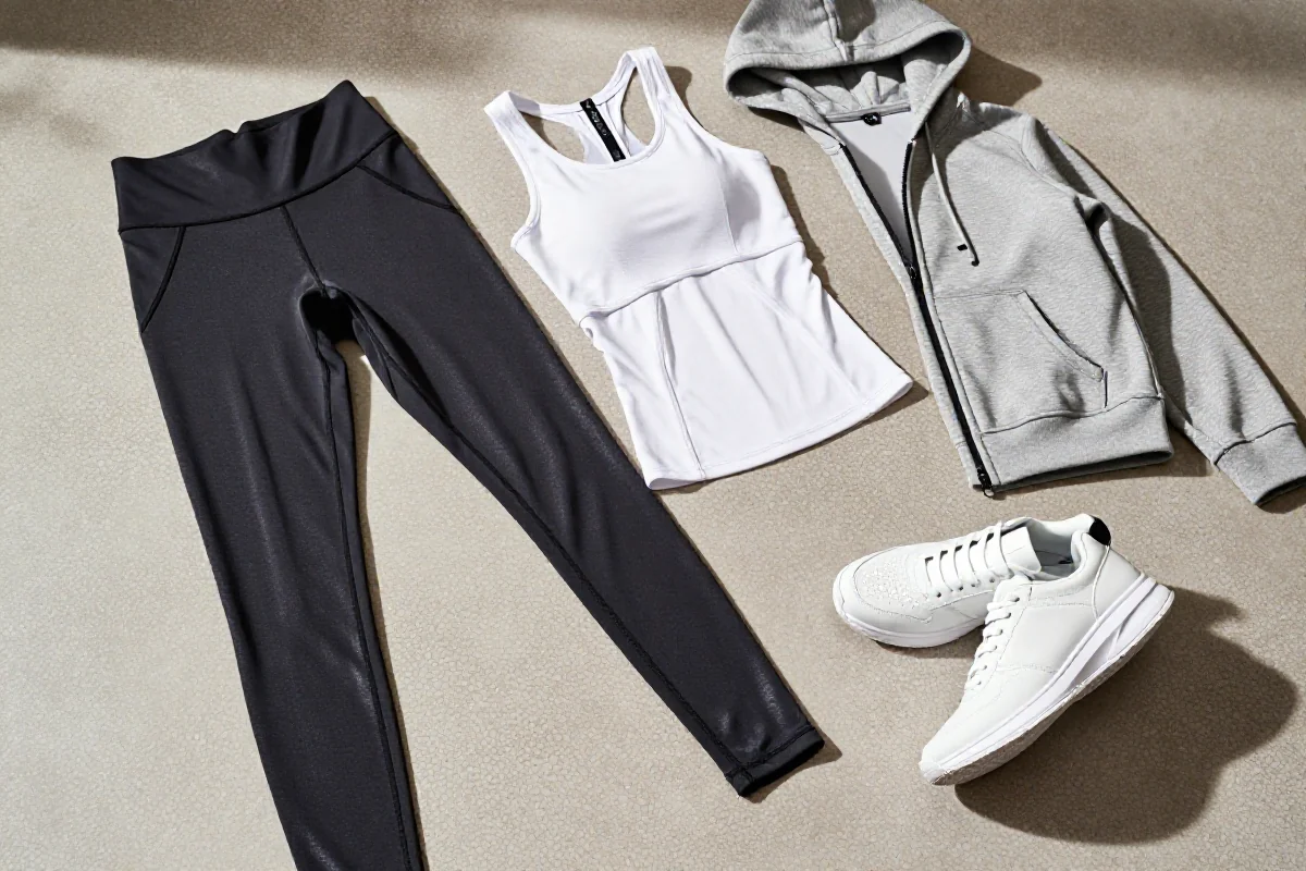 Stylowe ubrania athleisure na teksturowym tle w naturalnym świetle.