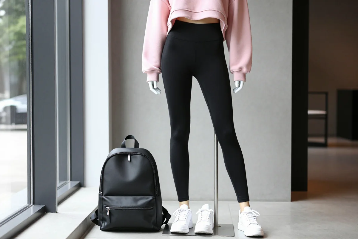 Stylowe ubrania athleisure w nowoczesnym miejskim otoczeniu.