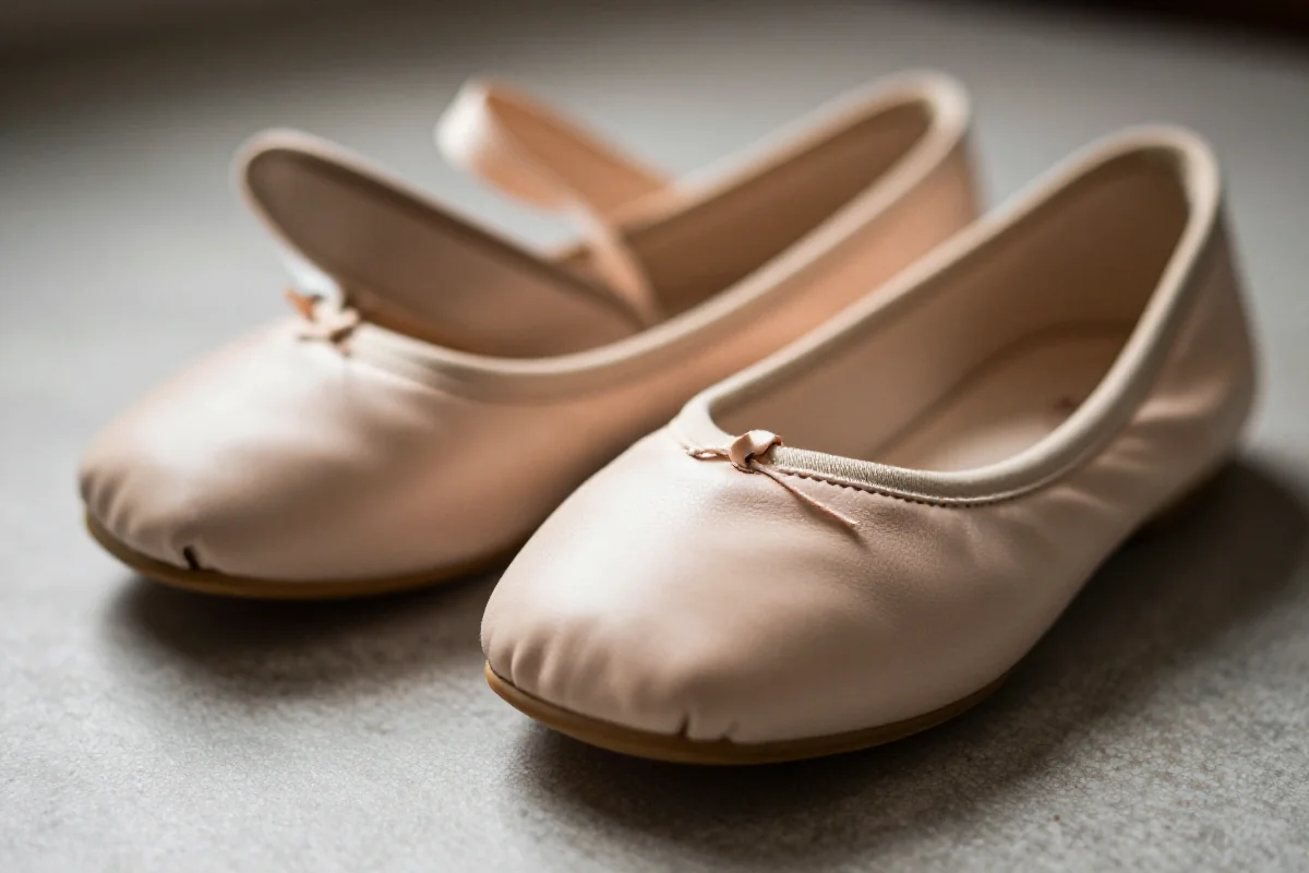Eleganckie baleriny z miękkiej skóry na teksturowanej powierzchni.
