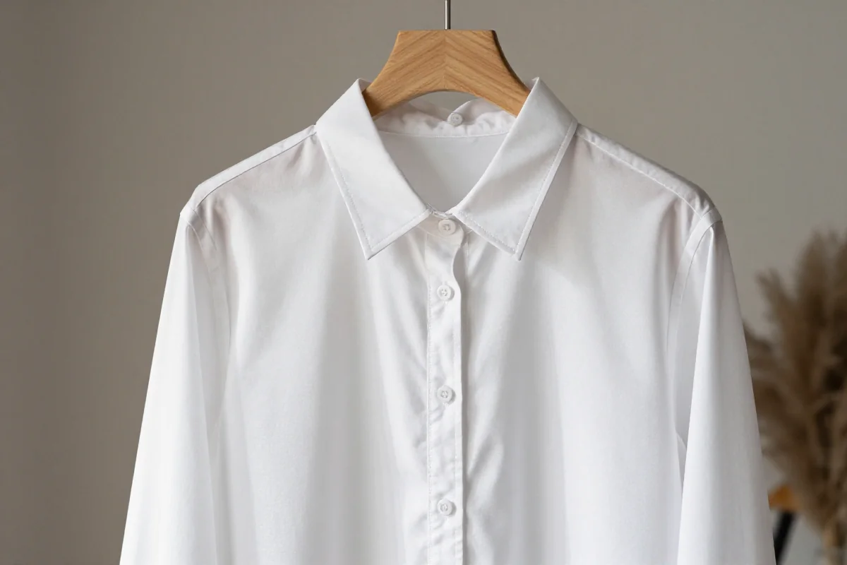Elegancka biała koszula damska na wieszaku, klasyczny styl i uniwersalność.