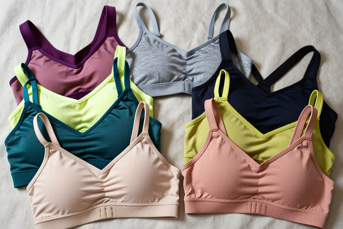 Zestaw biustonoszy sportowych na tle tekstyliów, ukazujący różne style i kolory.