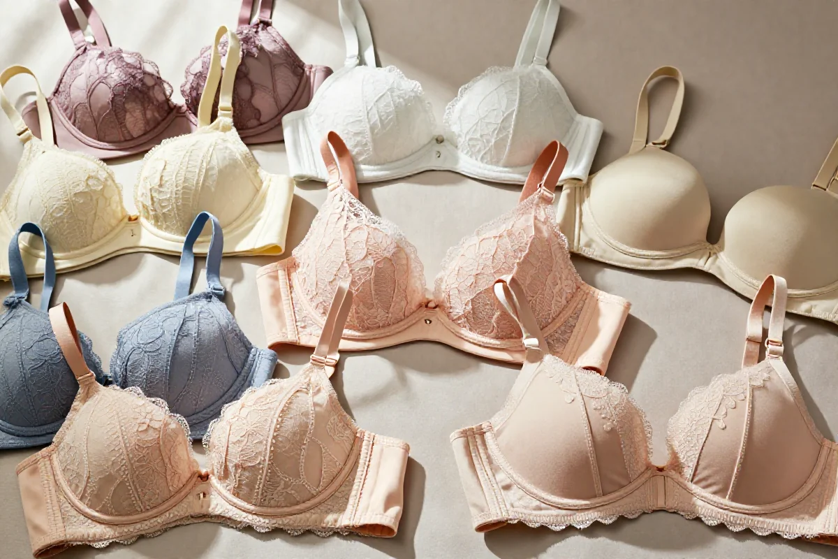 Różne typy biustonoszy na tle miękkiego materiału, ukazujące detale i tekstury.