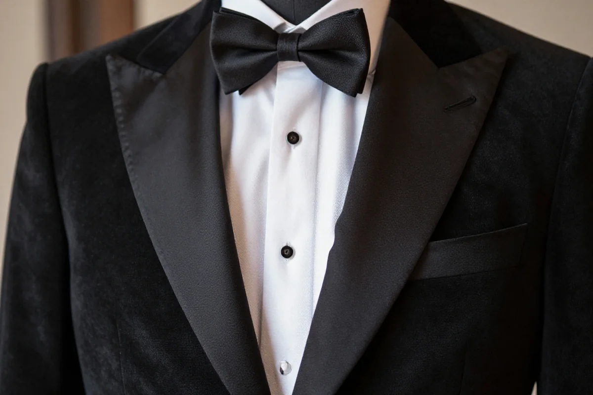 Elegancki smoking na tle aksamitnym, idealny dla dress code black tie.