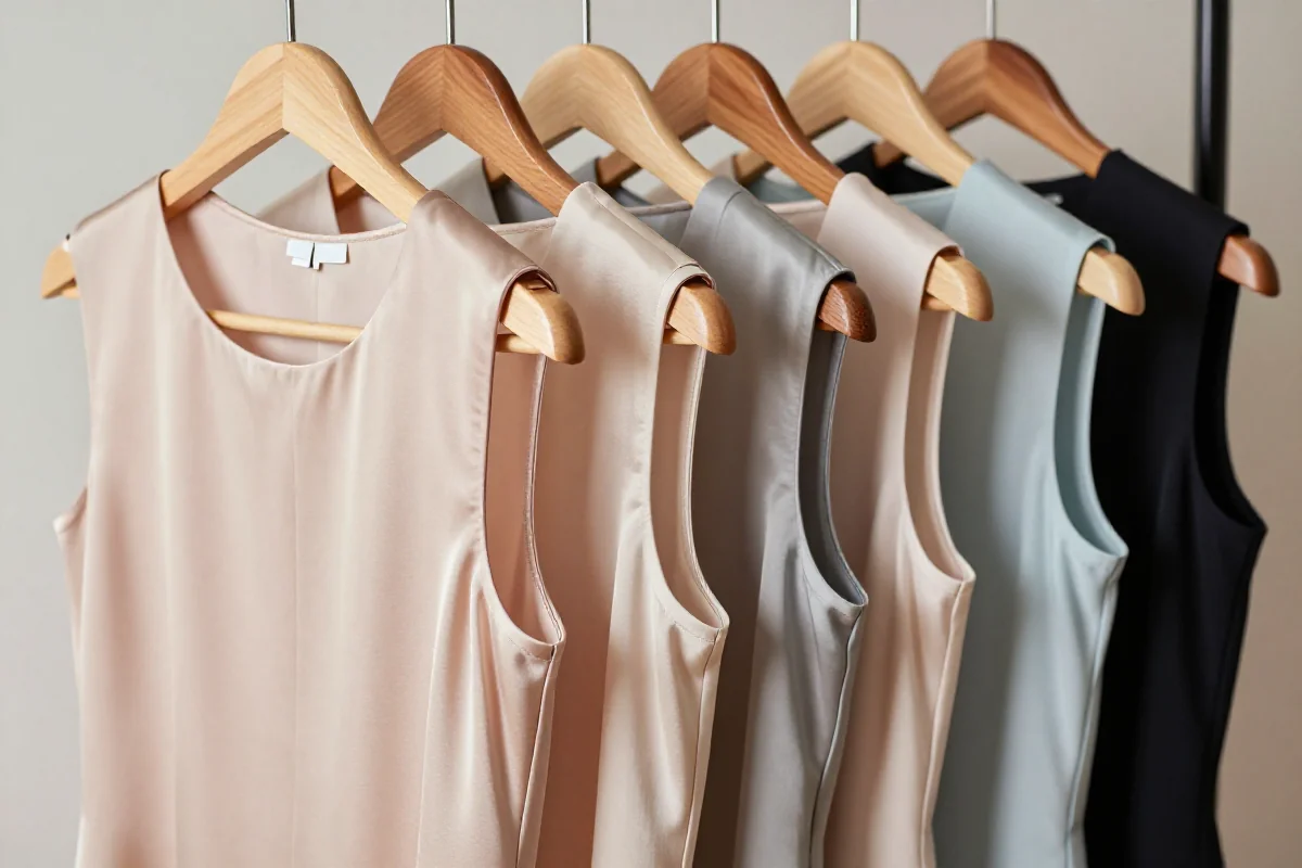 Eleganckie bluzki bez rękawów na wieszaku, różne dekolty i tkaniny.