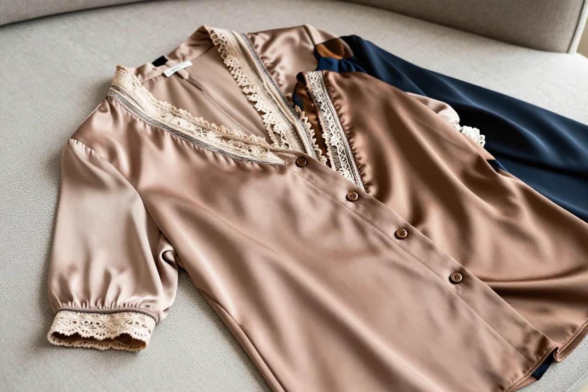 Eleganckie bluzki wizytowe na neutralnym tle, podkreślające wysoką jakość materiałów.