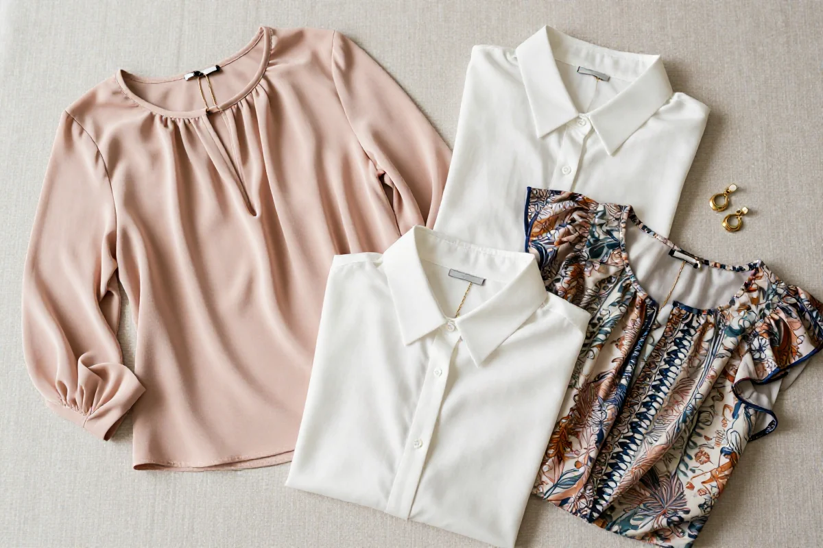 Stylowe bluzki i koszule damskie na miękkim tle, różne tkaniny i detale.