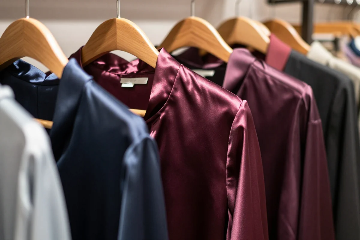 Luksusowe bluzki satynowe i jedwabne w butiku, podkreślające elegancję materiałów.