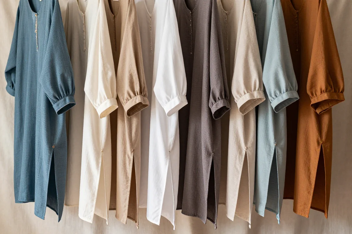 Eleganckie tuniki damskie na neutralnym tle, różnorodne materiały i kolory.