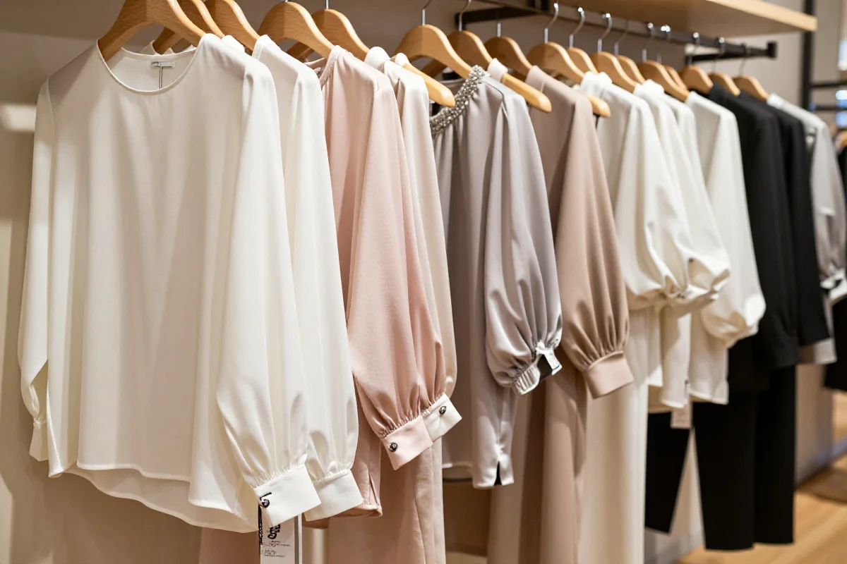 Różnorodne bluzki z długim rękawem w butiku, prezentujące elegancki styl i tekstury.