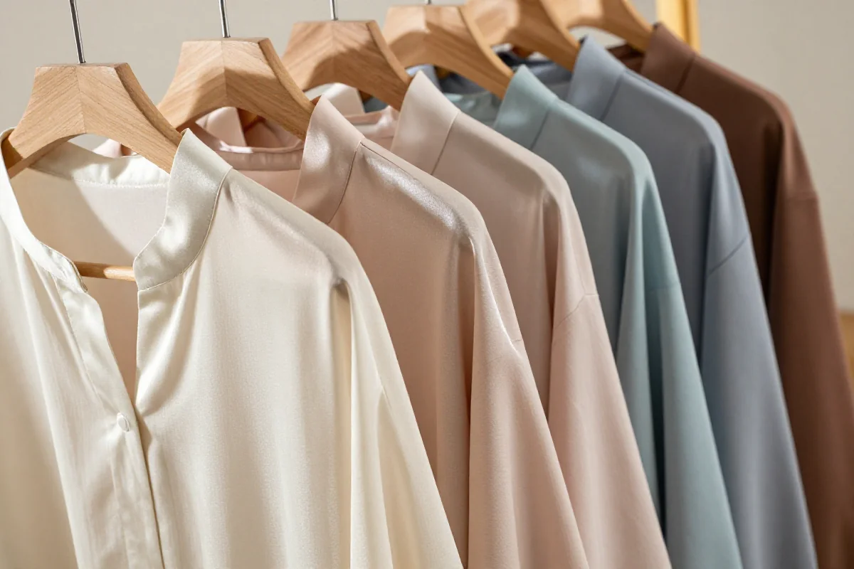 Bluzki z wiskozy w pastelowych kolorach na drewnianym wieszaku