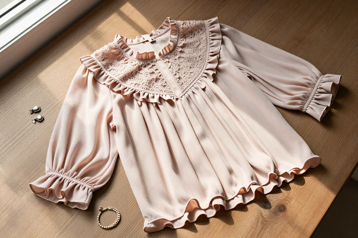 Romantyczna bluzka z żabotem i falbankami na tle drewnianym.