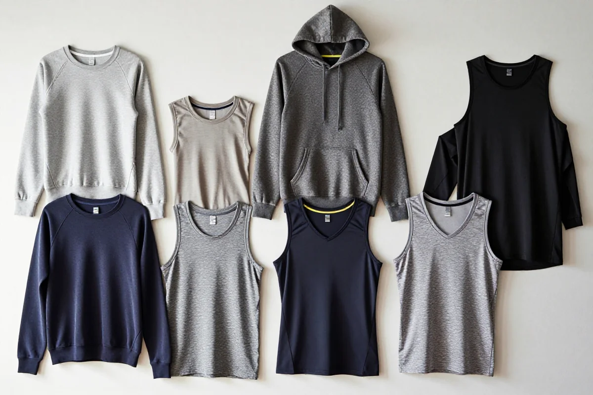 Różne typy bluz sportowych na minimalistycznym tle, pokazujące tekstury i kolory.