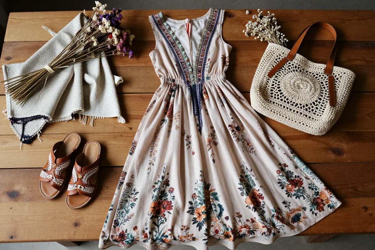 Styl boho vintage: sukienka, sandały i torba na tle naturalnych elementów