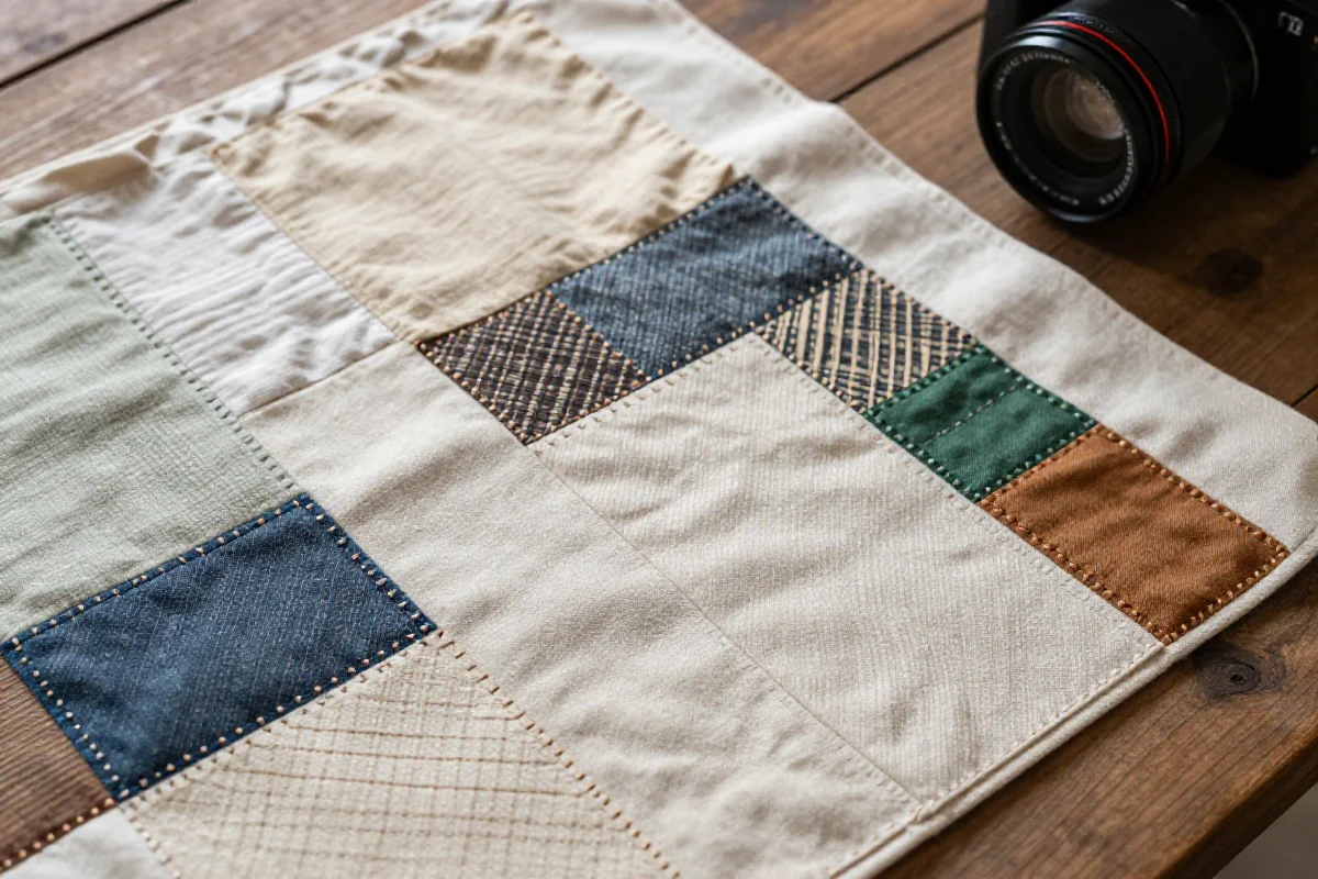 Zbliżenie na tkaninę boro patchwork, pokazujące artystyczne zszycia i różnorodne materiały.