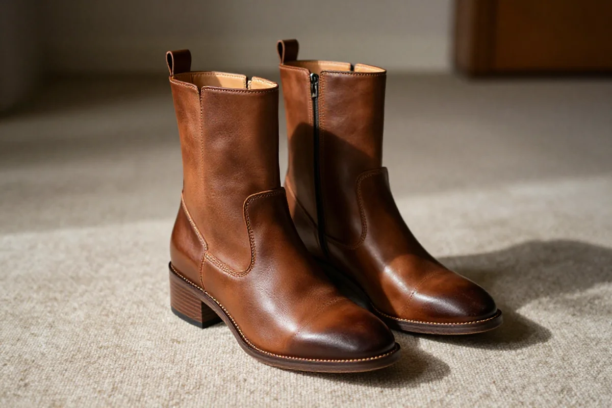 Stylowe botki na tle teksturowanej tkaniny, idealne do różnych stylizacji.