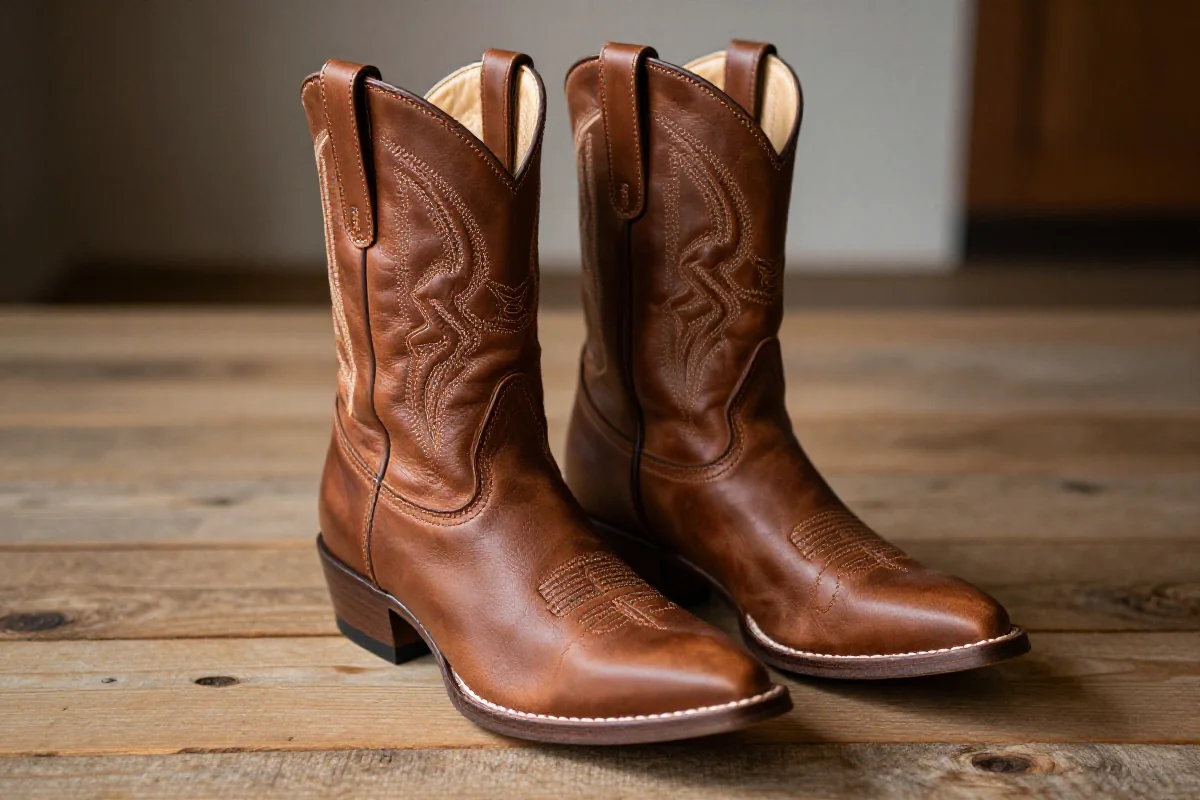 Stylowe botki kowbojki na drewnianym tle, ukazujące skórzaną teksturę i detale.