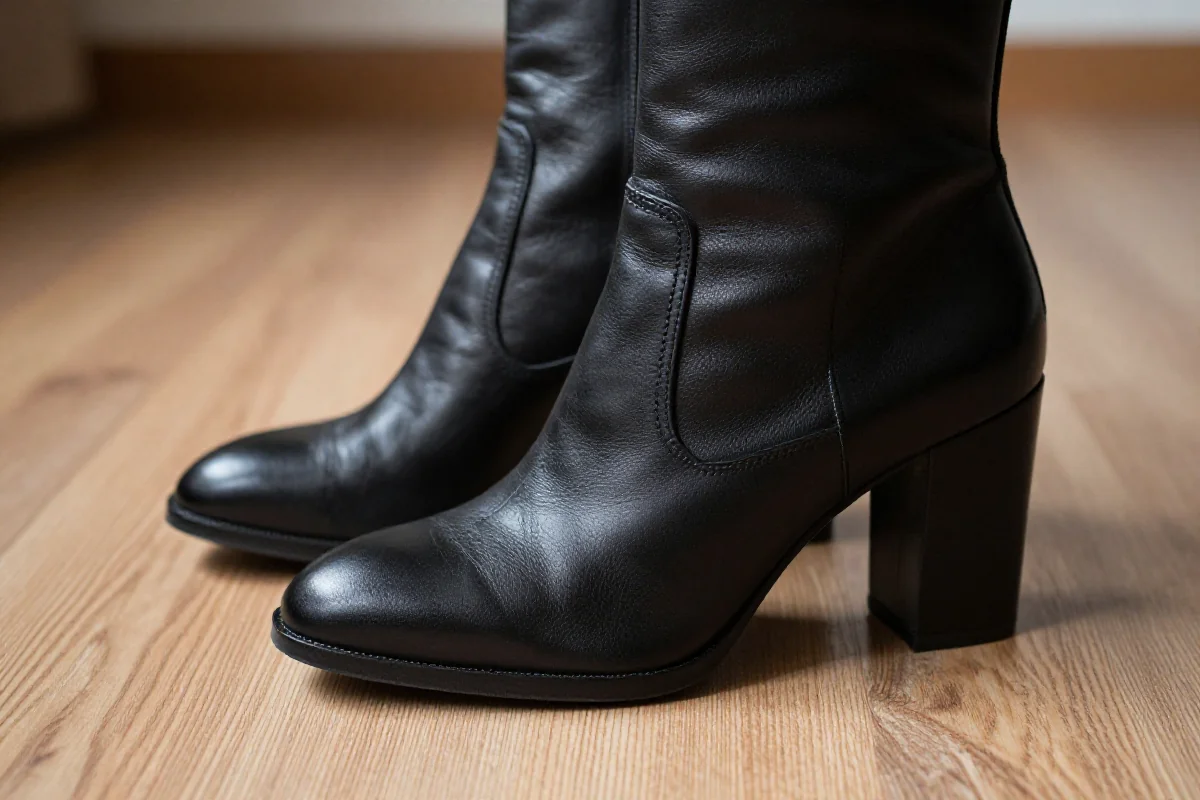 Eleganckie botki na obcasie z czarnej skóry na drewnianym tle.