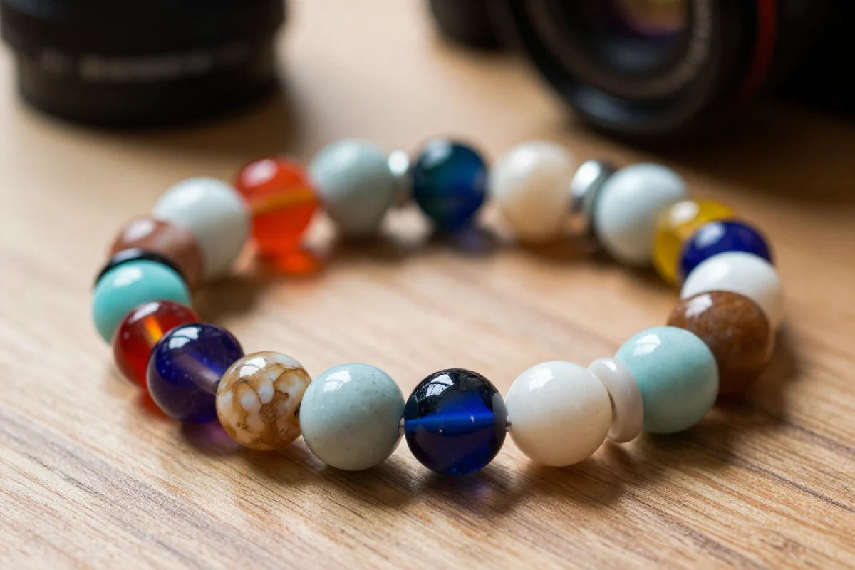 Bransoletka DIY z kolorowymi koralikami na drewnianym tle.