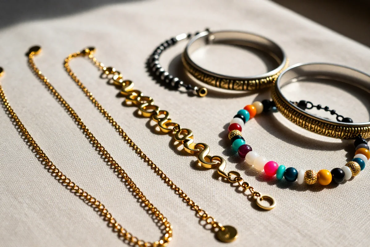 Zbliżenie na różnorodne bransoletki i opaski na rękę na tle tekstyliów.
