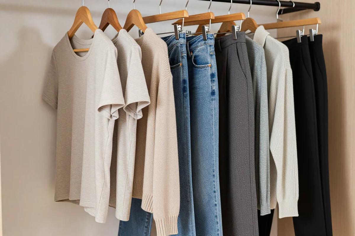 Minimalistyczna baza garderoby z neutralnymi kolorami i wysokiej jakości ubraniami.