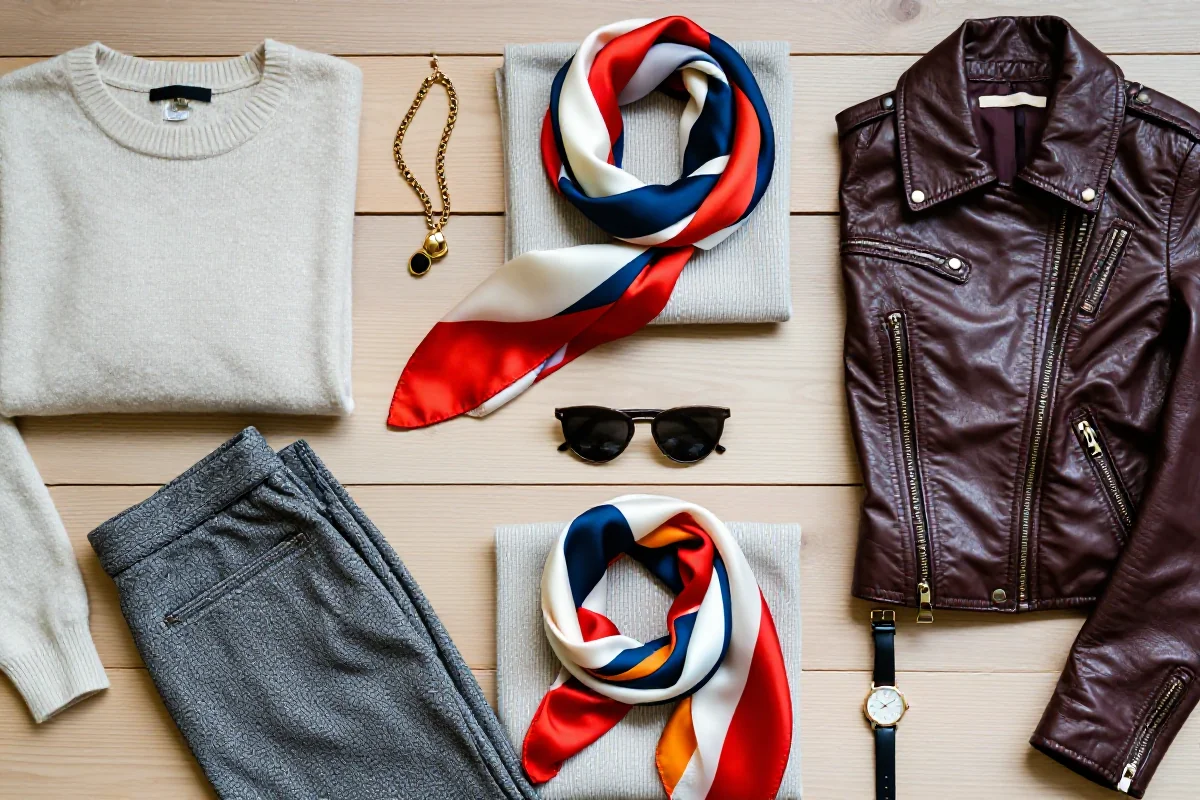 Stylowe ubrania i dodatki na drewnianym tle, odzwierciedlające osobisty styl.