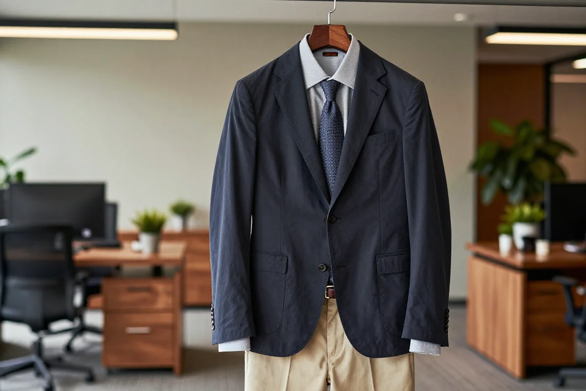 Stylizacja business casual z granatową marynarką i beżowymi spodniami w biurze