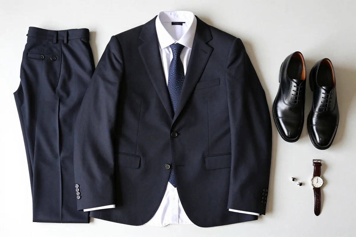 Elegancki strój biznesowy, garnitur, koszula, krawat i dodatki.
