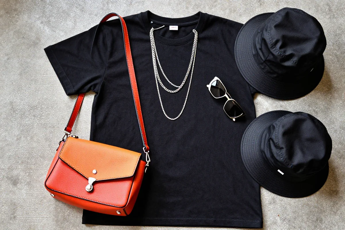 Stylizacja casualowa z czarnym t-shirtem i kolorowymi akcesoriami