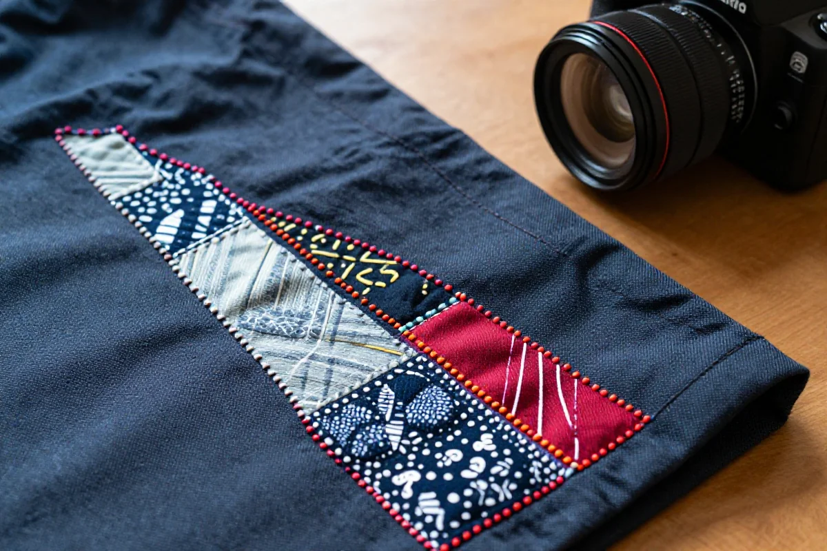 Artystyczne cerowanie z widocznymi naprawami na tkaninie, z kolorowymi ściegami.