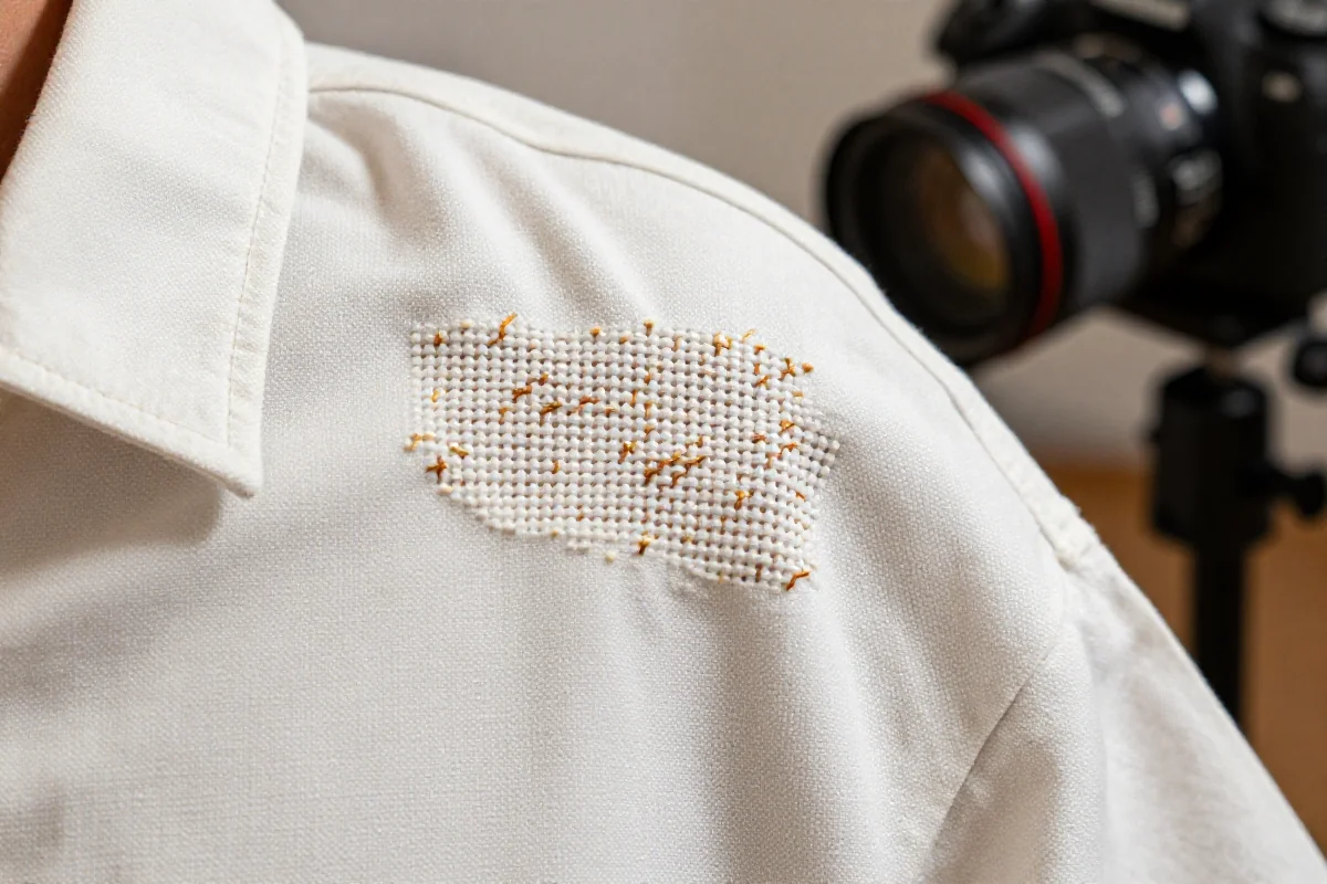 Zbliżenie cerowania dziury w bawełnianej koszuli techniką krzyżykową.