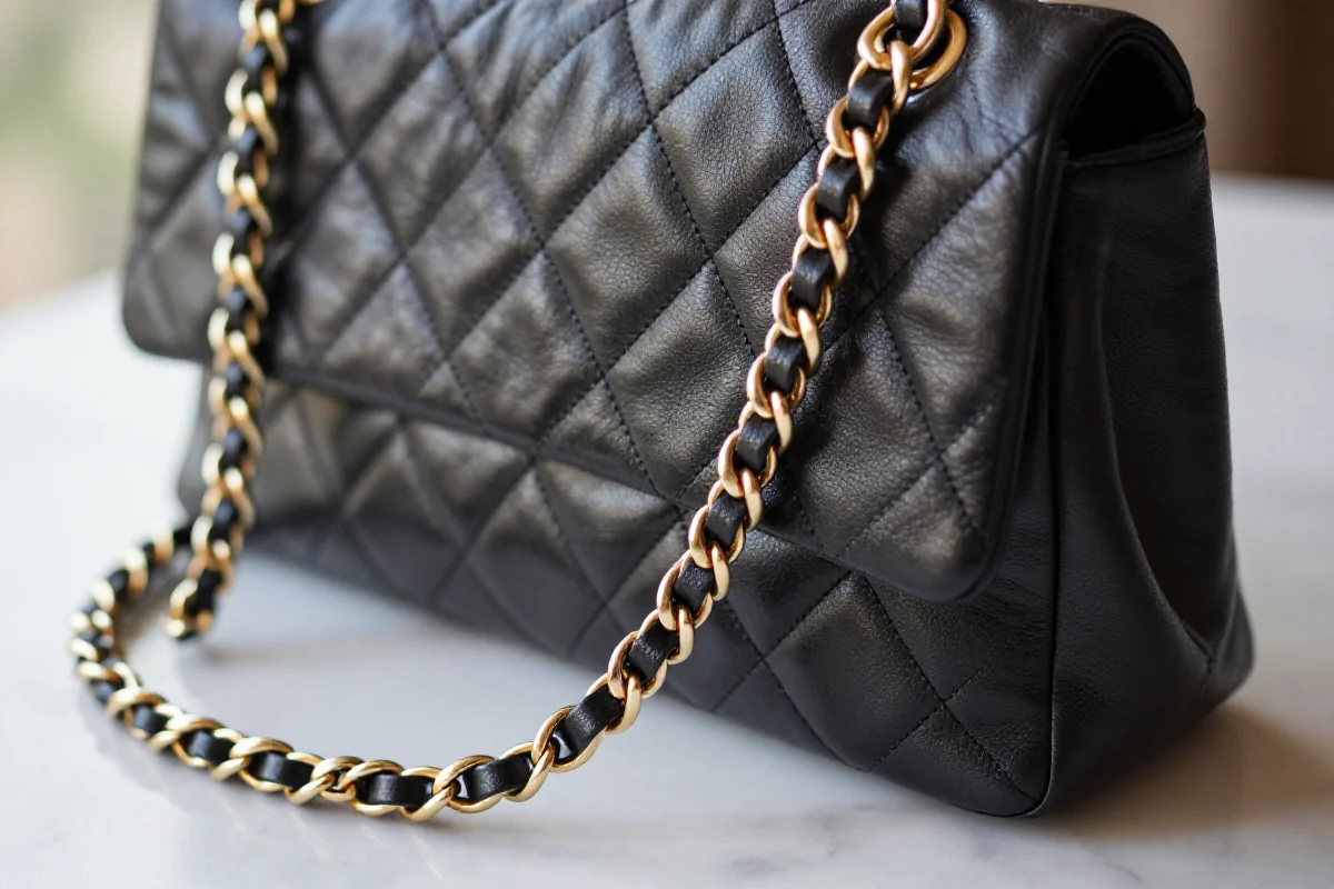 Luksusowa torebka w stylu Chanel na marmurowym blacie.