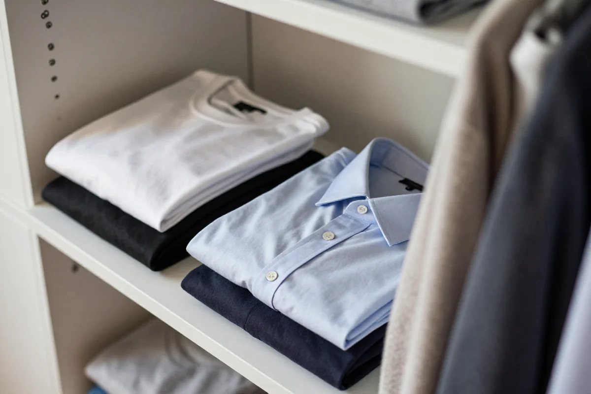 Minimalist garderoba z t-shirtami i swetrami w neutralnych kolorach