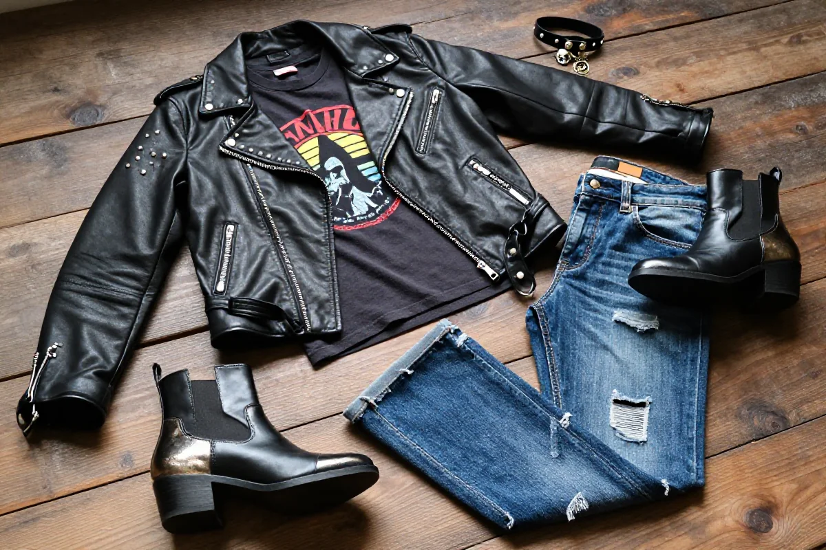 Stylizacja w klasycznym rockowym stylu z kurtką skórzaną i dżinsami.