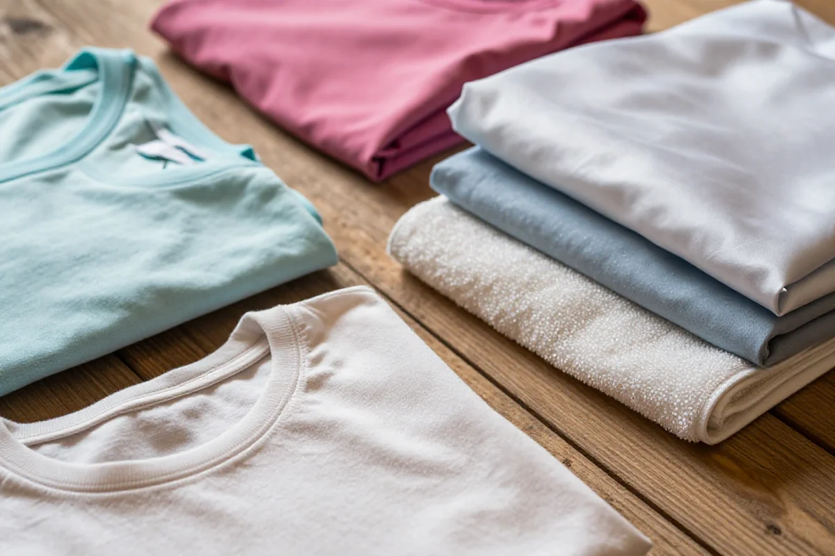 Różnorodne bawełniane ubrania na drewnianym tle, idealne do suszenia w suszarce.