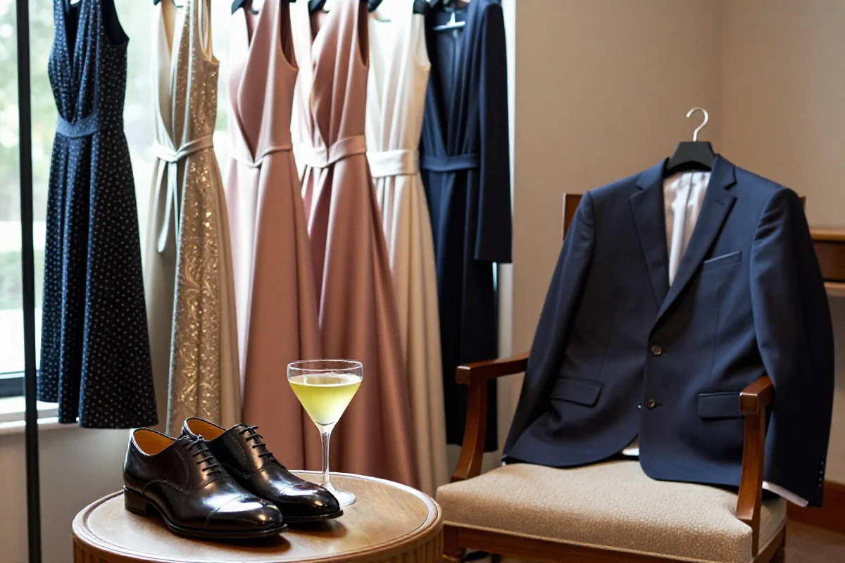 Stylowe ubrania koktajlowe na eleganckim stole, idealne na półformalne wydarzenia.