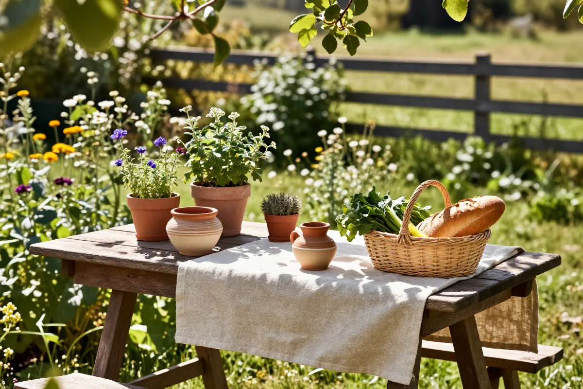 Scena cottagecore z ogrodem, rękodziełem i domowymi produktami.