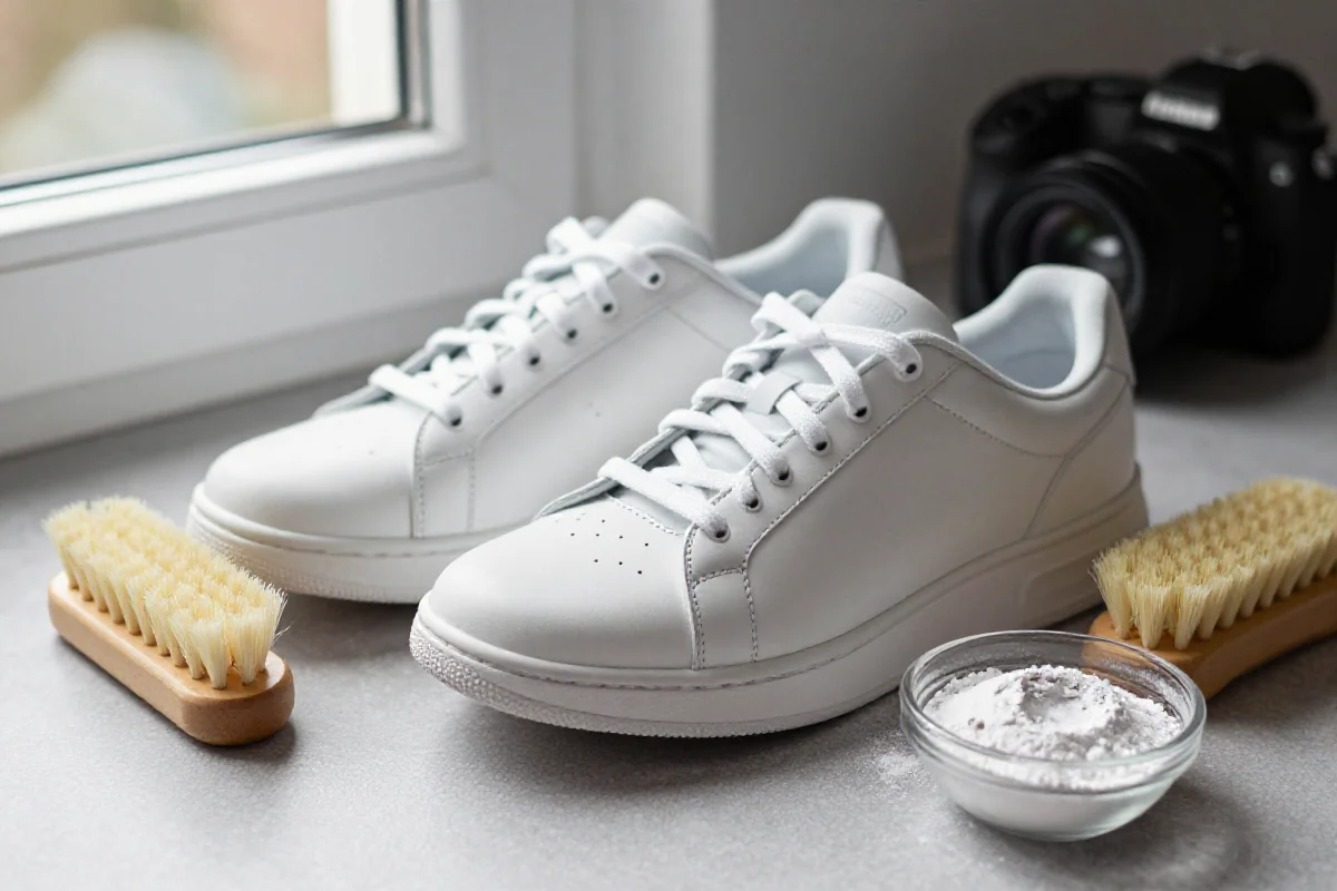 Przykład białych sneakersów z akcesoriami do pielęgnacji obuwia.