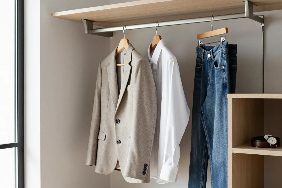 Minimalist garderoba z uporządkowanymi ubraniami i akcesoriami w neutralnych kolorach.