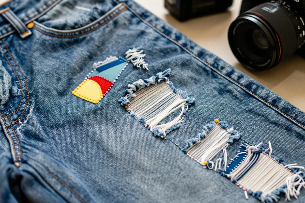 Dekoracyjne łaty na dżinsach, ukazujące różnorodność materiałów i faktur.