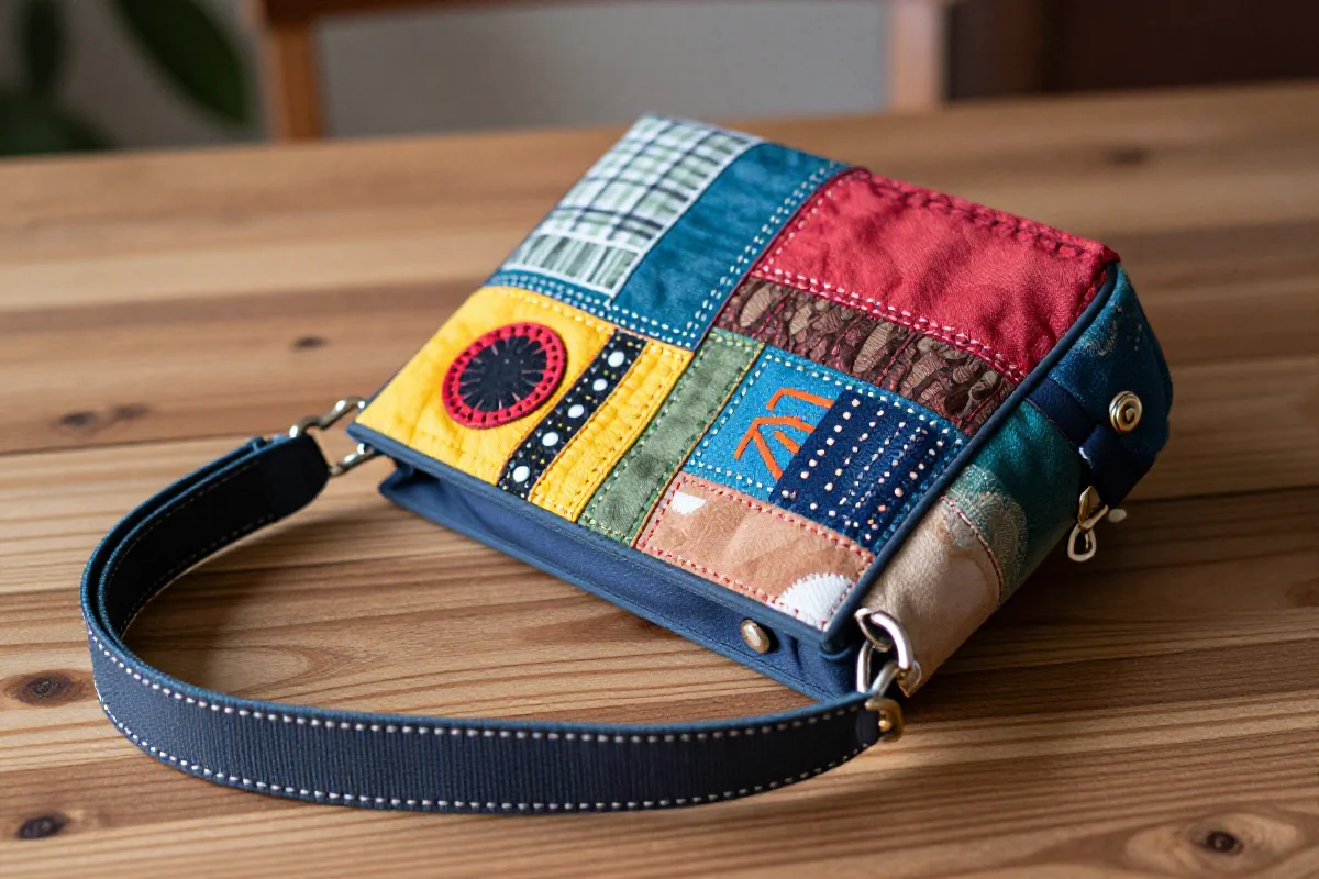 Ręcznie szyta torebka na ramię z recyklingowanych tkanin na drewnianym stole.