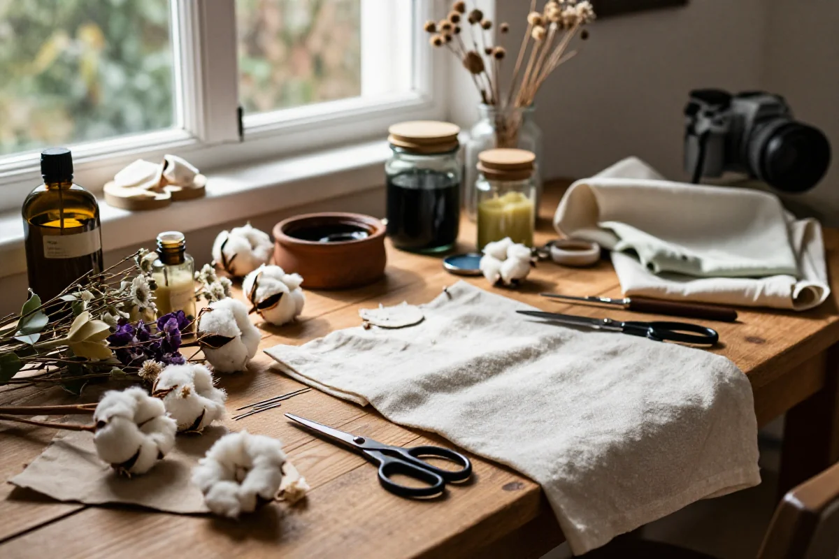 Pracownia DIY w estetyce cottagecore z naturalnymi materiałami i narzędziami.