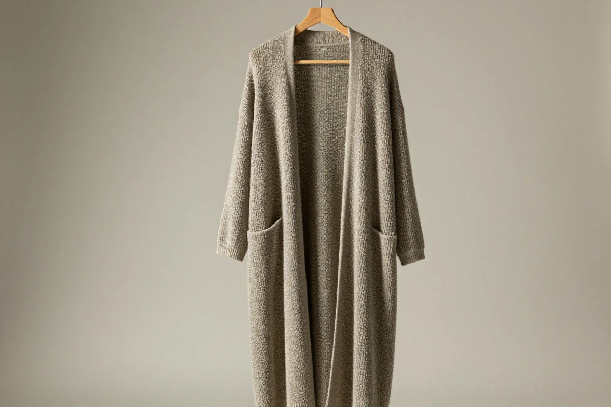 Stylowy długi kardigan w stonowanych kolorach na wieszaku
