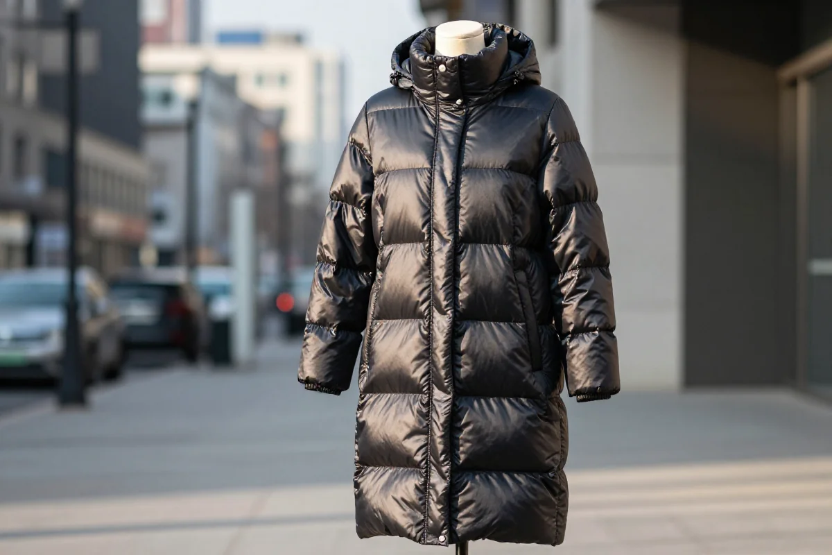 Długa kurtka puchowa na manekinie w mieście, idealna na zimę.