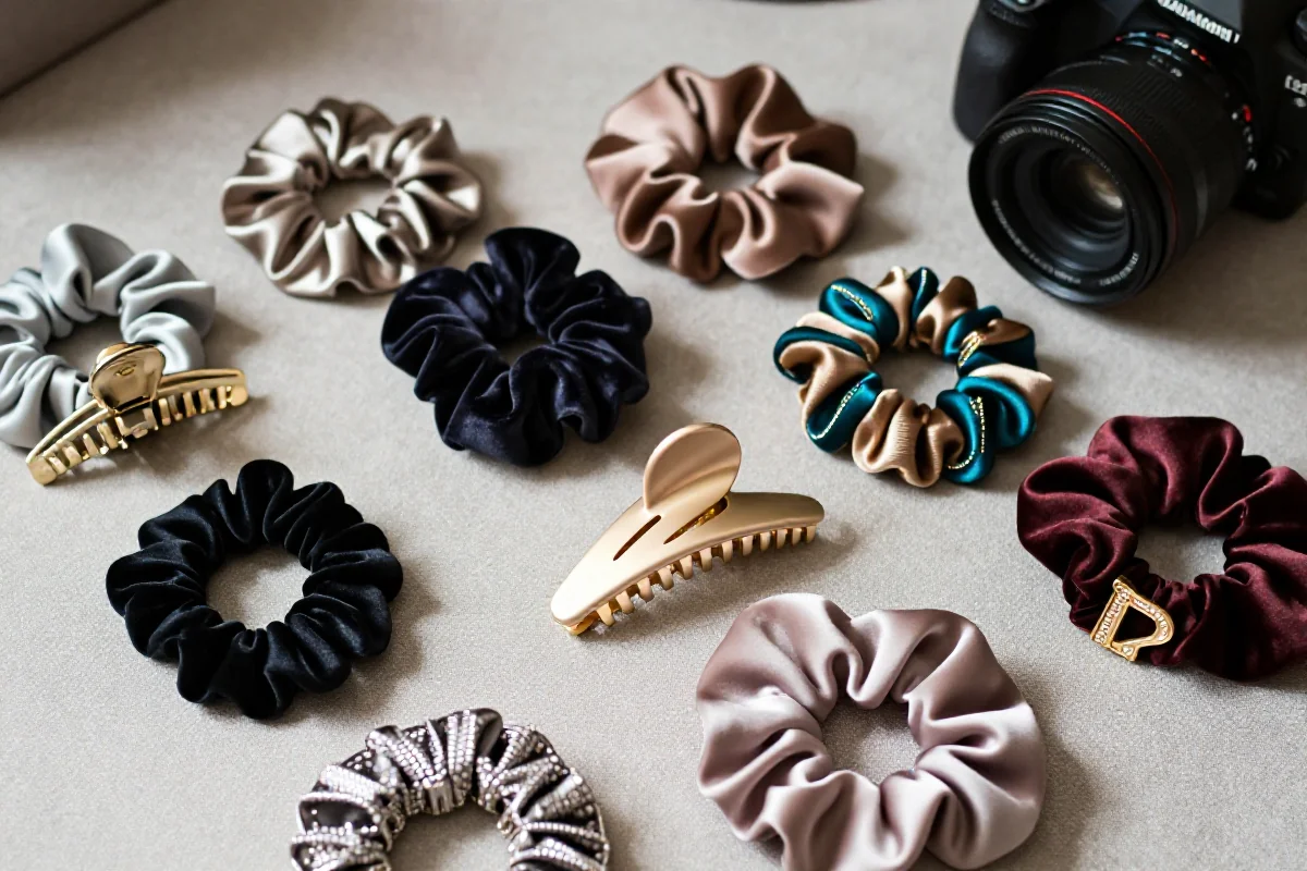 Różnorodne dodatki do włosów na tkaninie, w tym spinki i gumki.