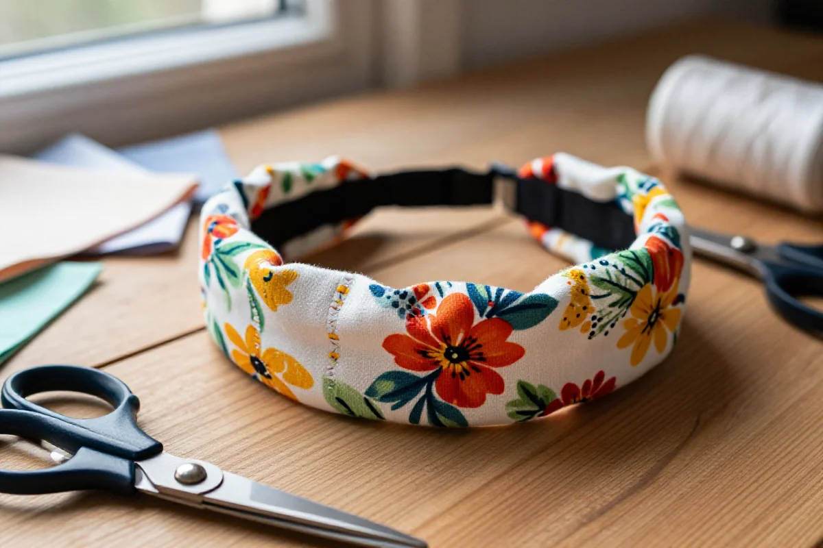 Ręcznie robiona opaska na włosy z materiału na drewnianym stole.