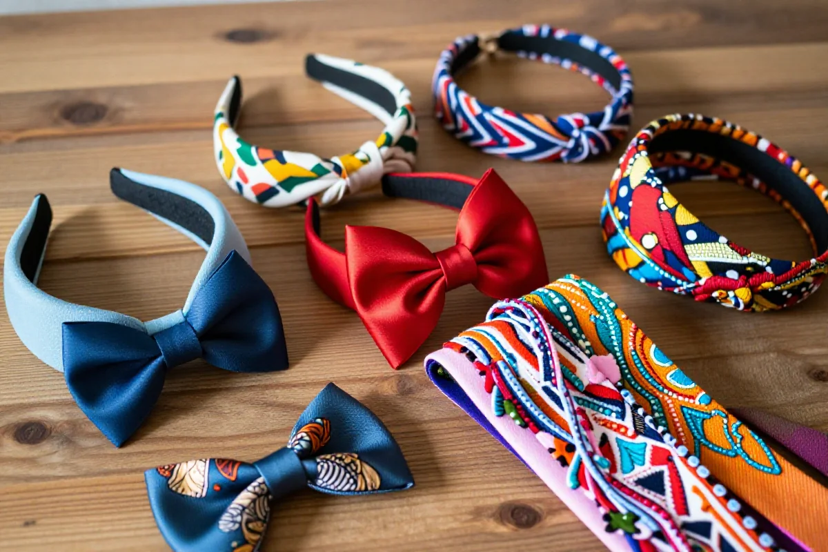 Ręcznie robione akcesoria do włosów i paski z materiałów przerobowych.